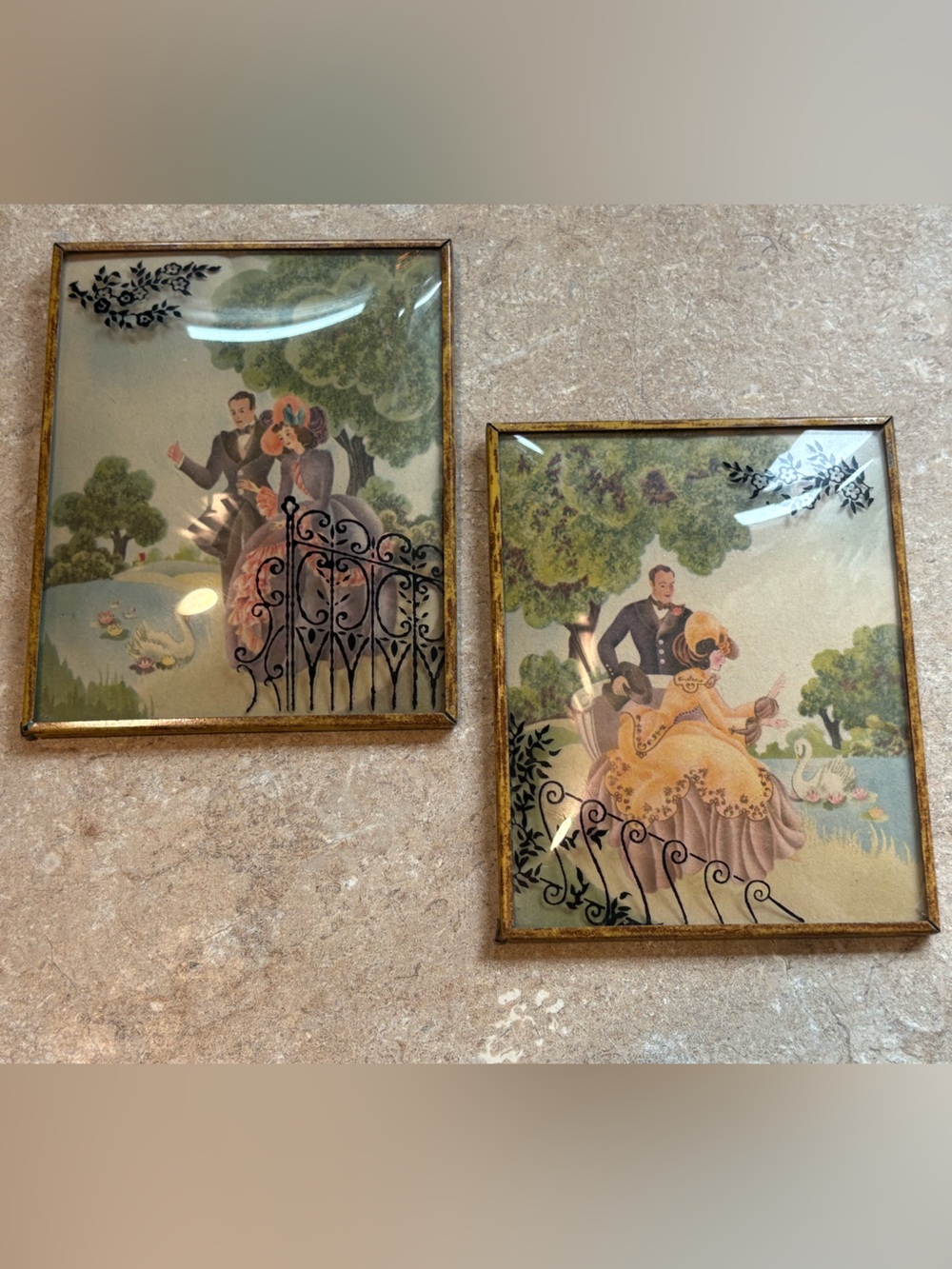 Vintage Pair Reverse Painted Bubble Glass Victorian Couple Brass Wall Pictures